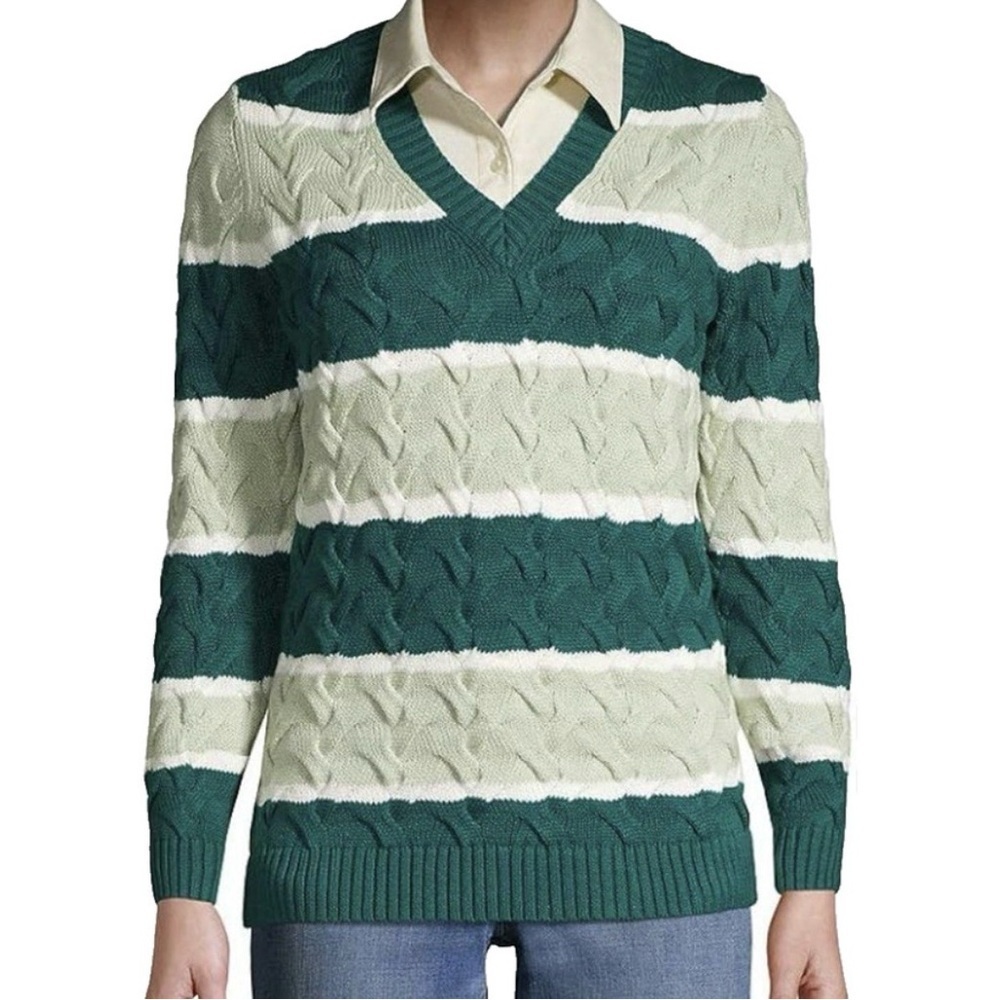 Lands' End | Drifter Cable Knit V-Neck Sweater with Green Stripes | Sz M